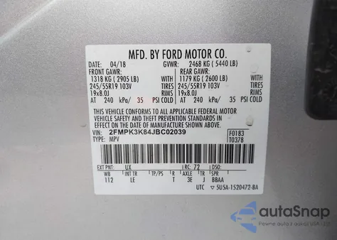 2018 Ford Edge Titanium z USA, uszkodzony, nr VIN 2FMPK3K84JBC02039